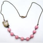 Antiqued Brass Pink Porcelain Owl Jade Necklace