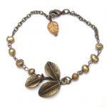 Antique Brass Leaf Pearl Czech Glass Bracelet