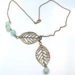 Antiqued Brass Leaf Blue Jade Necklace