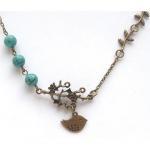 Antiqued Brass Branch Leaf Bird Turquoise Necklace