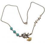 Antiqued Brass Branch Leaf Bird Turquoise Necklace