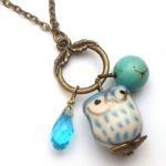 Antiqued Brass Quartz Turquoise Porcelain Owl..