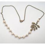 Antiqued Brass Leaf White Pearl Necklace
