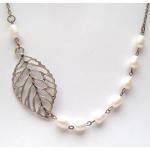 Silver Plated Brass Leaf White Pearl Necklace