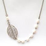 Silver Plated Brass Leaf White Pearl Necklace