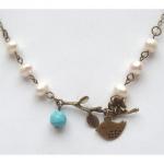 Antiqued Brass Branch Bird Turquoise Pearl..