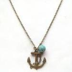 Antiqued Brass Anchor Green Turquoise Necklace