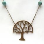 Antiqued Brass Tree Green Turquoise Necklace