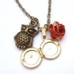 Antiqued Brass Owl Locket Flower Necklace