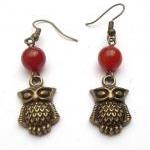 Antiqued Brass Owl Red Agate Earrings