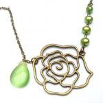Antiqued Brass Flower Cat Eye Pearl Necklace