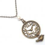 Antiqued Brass Clock Bird Pearl Necklace
