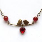 Antiqued Brass Branch Bird Red Agate Necklace