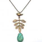 Antiqued Brass Leaf Bird Turquoise Necklace