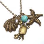 Antiqued Brass Starfish Shell Crab Turquoise..