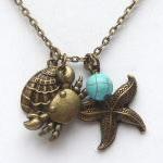Antiqued Brass Starfish Shell Crab Turquoise..