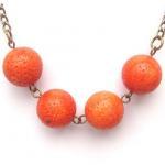Antiqued Brass Orange Coral Round Bead Necklace