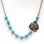 Antiqued Brass Flower Green Turquoise Necklace