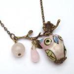 Antiqued Brass Branch Jade Quartz Porcelain Owl..