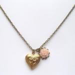 Antiqued Brass Flower Heart Locket Necklace