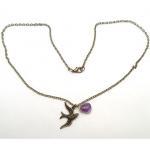 Antiqued Brass Swallow Amethyst Necklace