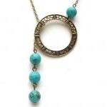 Antiqued Brass Circle Green Turquoise Necklace