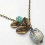 Antiqued Brass Leaf Czech Glass Porcelain Owl..