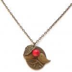 Antiqued Brass Leaf Bird Red Coral Necklace