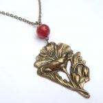 Antiqued Brass Flower Red Agate Necklace