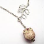 Silver Plated Brass Leaf Porcelain Owl Necklace