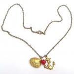 Antiqued Brass Anchor Shell Red Coral Necklace
