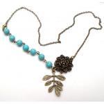 Antiqued Brass Leaf Flower Green Turquoise..