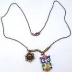 Antiqued Brass Branch Flower Owl Necklace