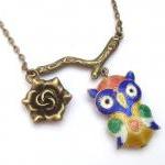 Antiqued Brass Branch Flower Owl Necklace