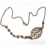 Antiqued Brass Leaf Fresh Water Pearl Necklace