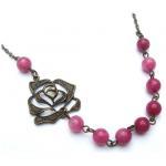 Antiqued Brass Flower Light Purple Jade Necklace
