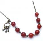 Antiqued Brass Key Red Agate Necklace