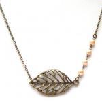Antiqued Brass Leaf Pearl Necklace