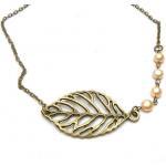 Antiqued Brass Leaf Pearl Necklace