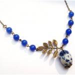 Antiqued Brass Leaf Blue Jade Porcelain Owl..