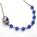 Antiqued Brass Blue Porcelain Owl Jade Necklace
