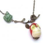 Antiqued Brass Branch Porcelain Owl Leaf Necklace