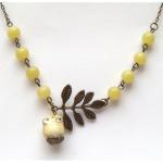 Antiqued Brass Leaf Lemon Jade Porcelain Owl..