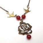 Antiqued Brass Flower Bird Red Agate Necklace