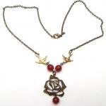Antiqued Brass Flower Bird Red Agate Necklace