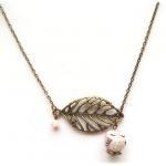 Antiqued Brass Leaf Porcelain Owl Necklace