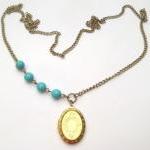 Antiqued Brass Locket Green Turquoise Necklace