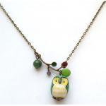 Antiqued Brass Leaf Jade Porcelain Owl Necklace
