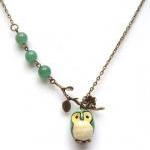 Antiqued Brass Branch Jade Porcelain Owl Necklace