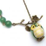 Antiqued Brass Branch Jade Porcelain Owl Necklace
